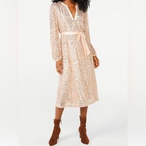 NWT Scoop Rose Gold Stretch Sequin Belted Midi Dress